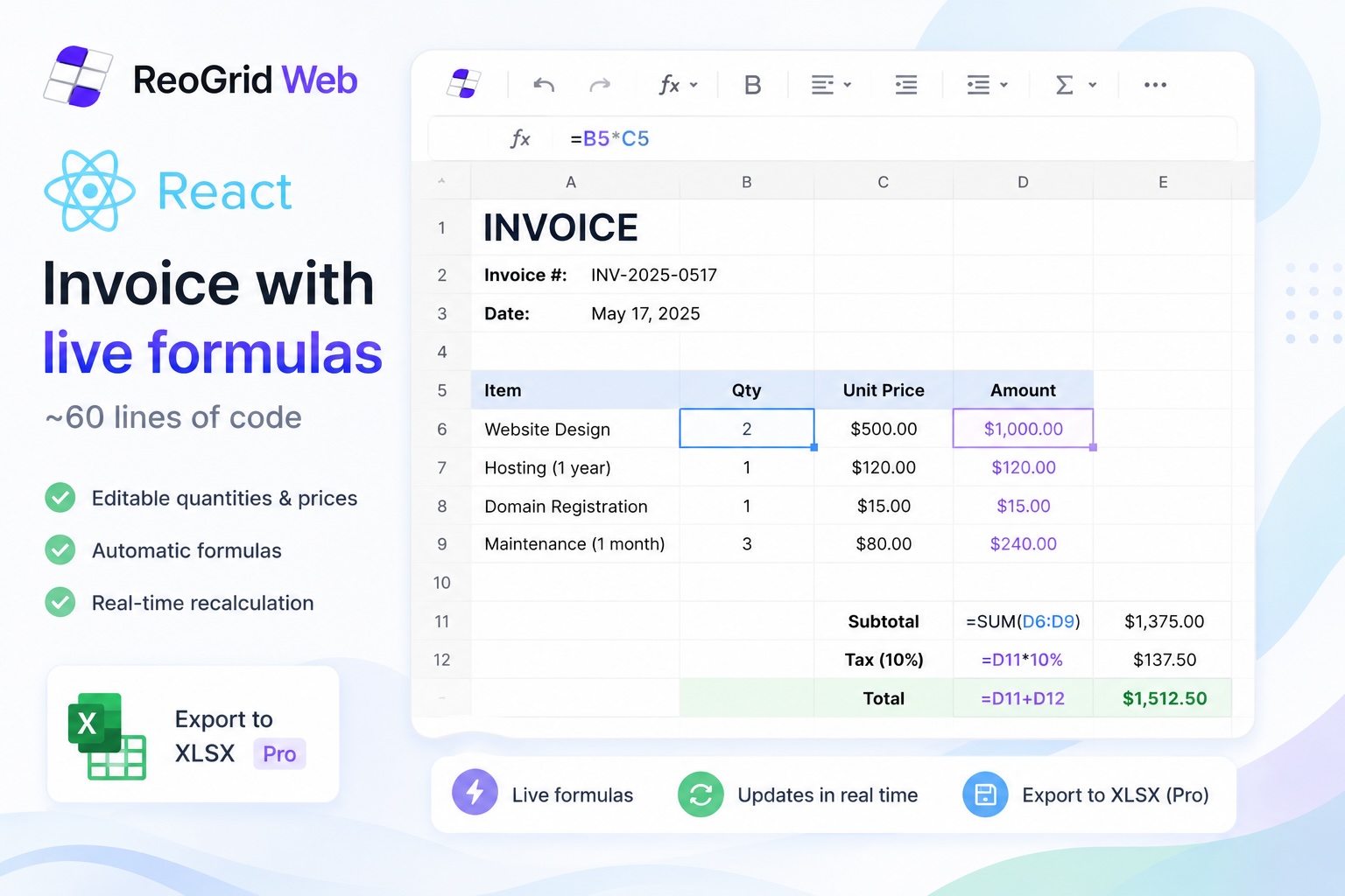 Building a React invoice with editable formulas in ~60 lines